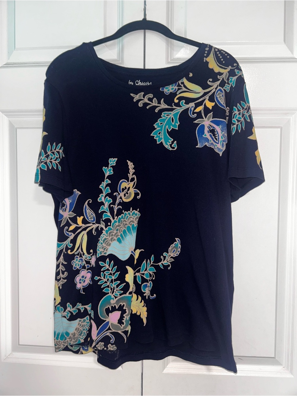 Chico's Black Tee with Multicolor Floral Motif